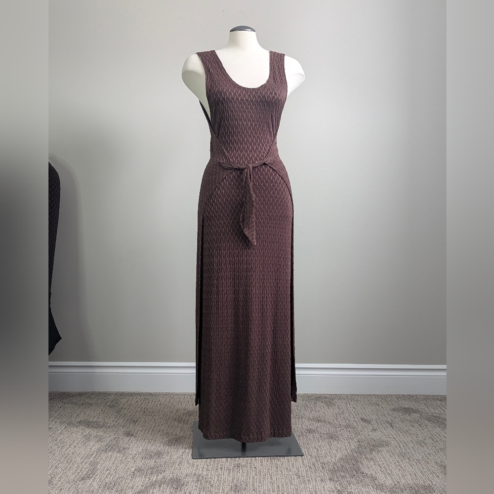 Brown Textured Wrap Tank Maxi Dress Tie Waist Swim Resort Pool Summer Vacation
